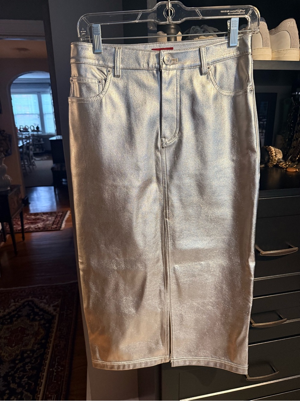 STAUD Metallic Silver Pencil Skirt